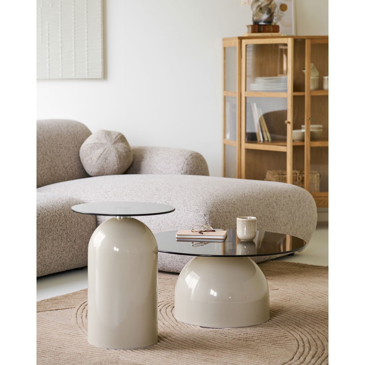 Ravello Salontafel, gehard glas/metaal, grijs/beige, ø70x33 cm