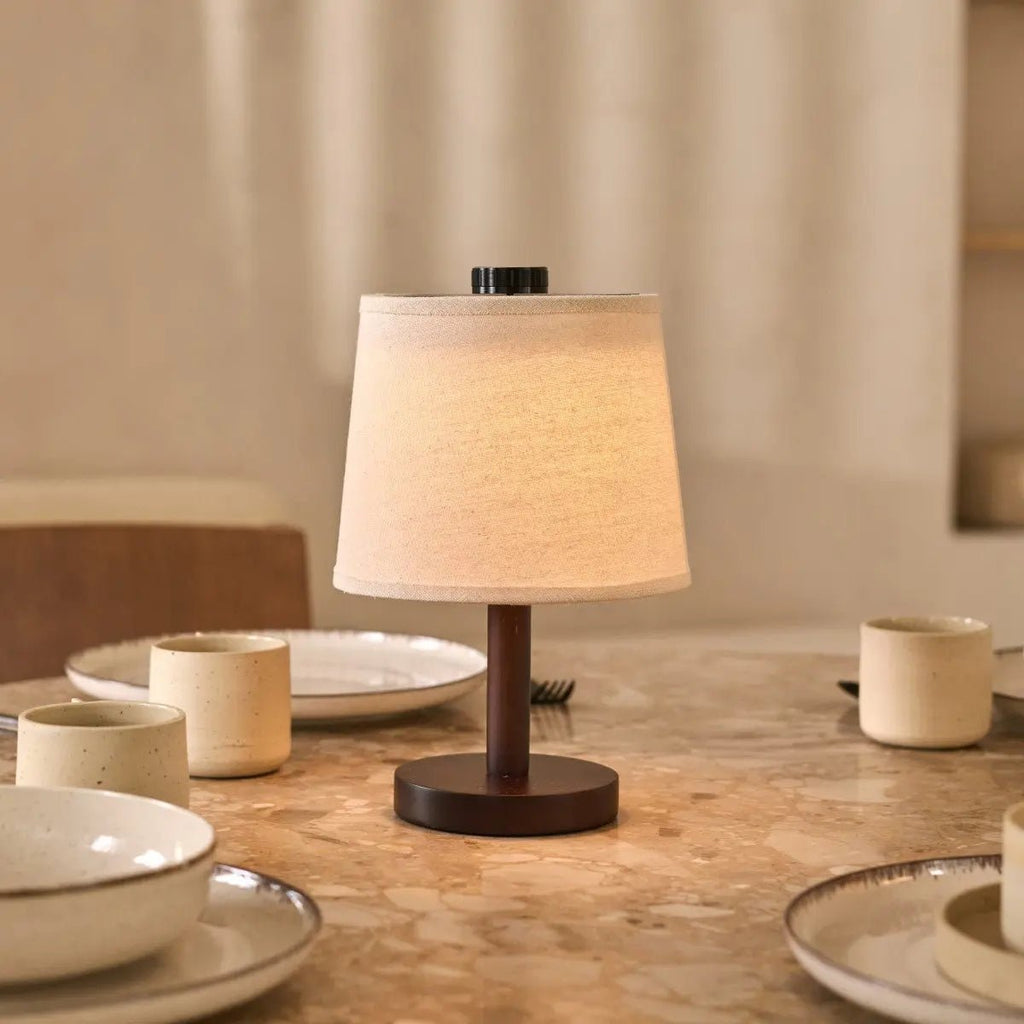 Rover Donkerbruine Houten Oplaadbare Lamp | Snoerloos, dimbaar en linnenmix