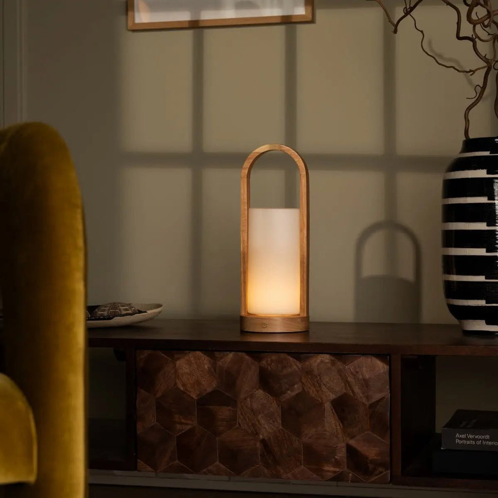 Evie Lichtbruine Oplaadbare Houten Tafellamp | Dimbaar, draadloos en 3 lichtmodi