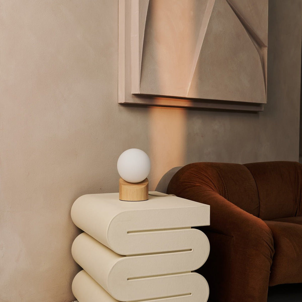 Quin Lichtbruine Houten Lamp | Matglas, met snoer en verlichting