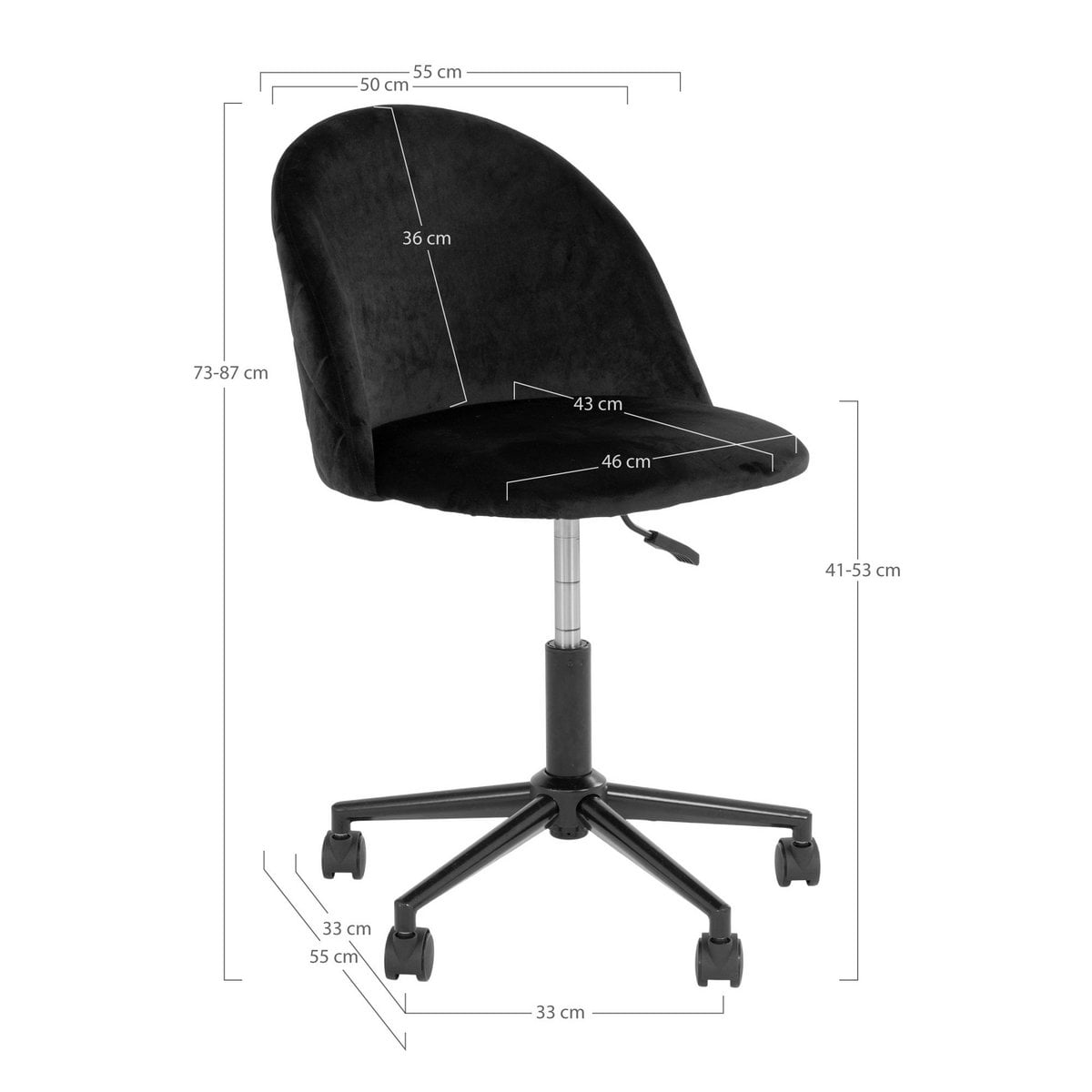 Geneve Bureaustoel - Zwart fluweel, zwarte poten, 55x55x73 cm