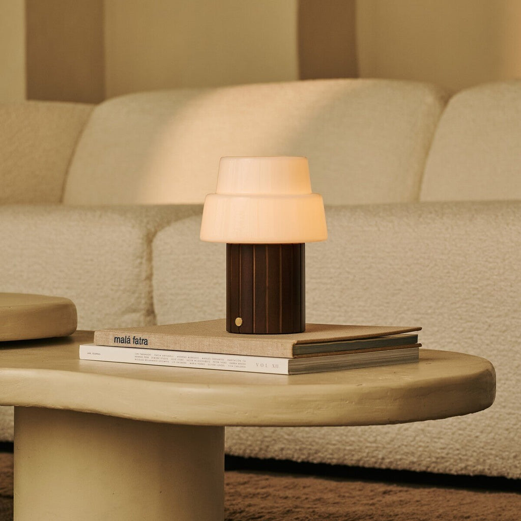 Lio Dark Brown Rechargeable Table Lamp | Cordless, 3 Light Modes & Glass Lampshade