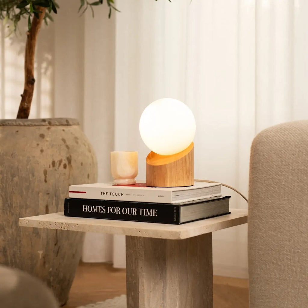 Quin Lichtbruine Houten Lamp | Matglas, met snoer en verlichting