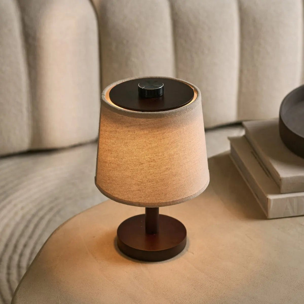 Rover Donkerbruine Houten Oplaadbare Lamp | Snoerloos, dimbaar en linnenmix