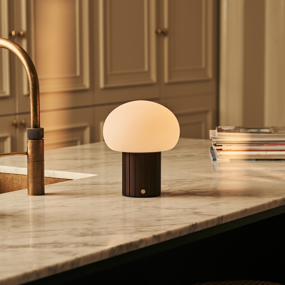 Pieter Dark Brown Rechargeable Table Lamp | Cordless, 3 Light Modes & Glass Lampshade