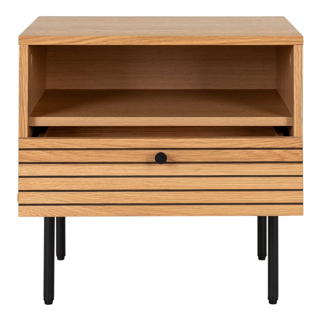 Kyoto Side Table - Bijzettafel, eikenfineer, zwart metalen poten, 1 lade, 50x40x50 cm