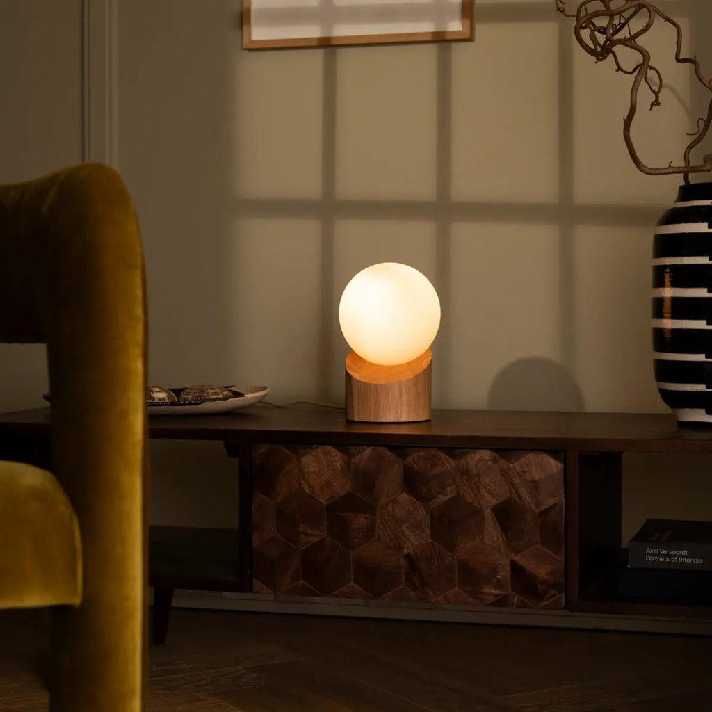 Quin Lichtbruine Houten Lamp | Matglas, met snoer en verlichting