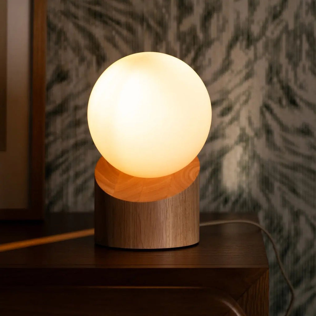 Quin Lichtbruine Houten Lamp | Matglas, met snoer en verlichting