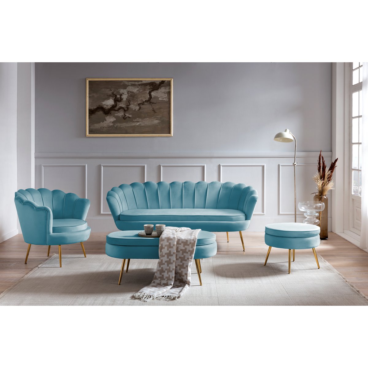 Shell bank 3 zits in fluweel blauw