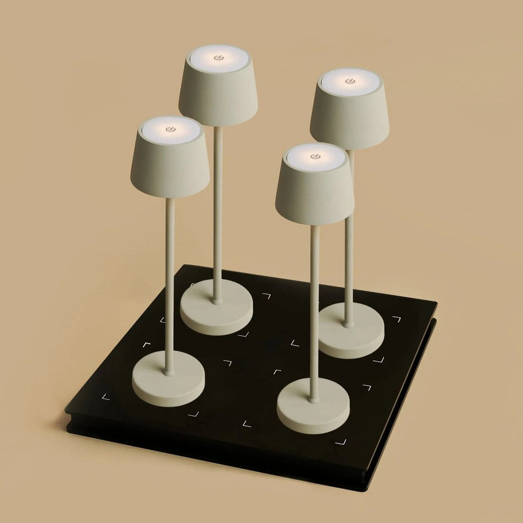 Combiset Professioneel | 4 x Vondel Mini Shadow Grey oplaadbare tafellampen en 1 x Amstel laadstation