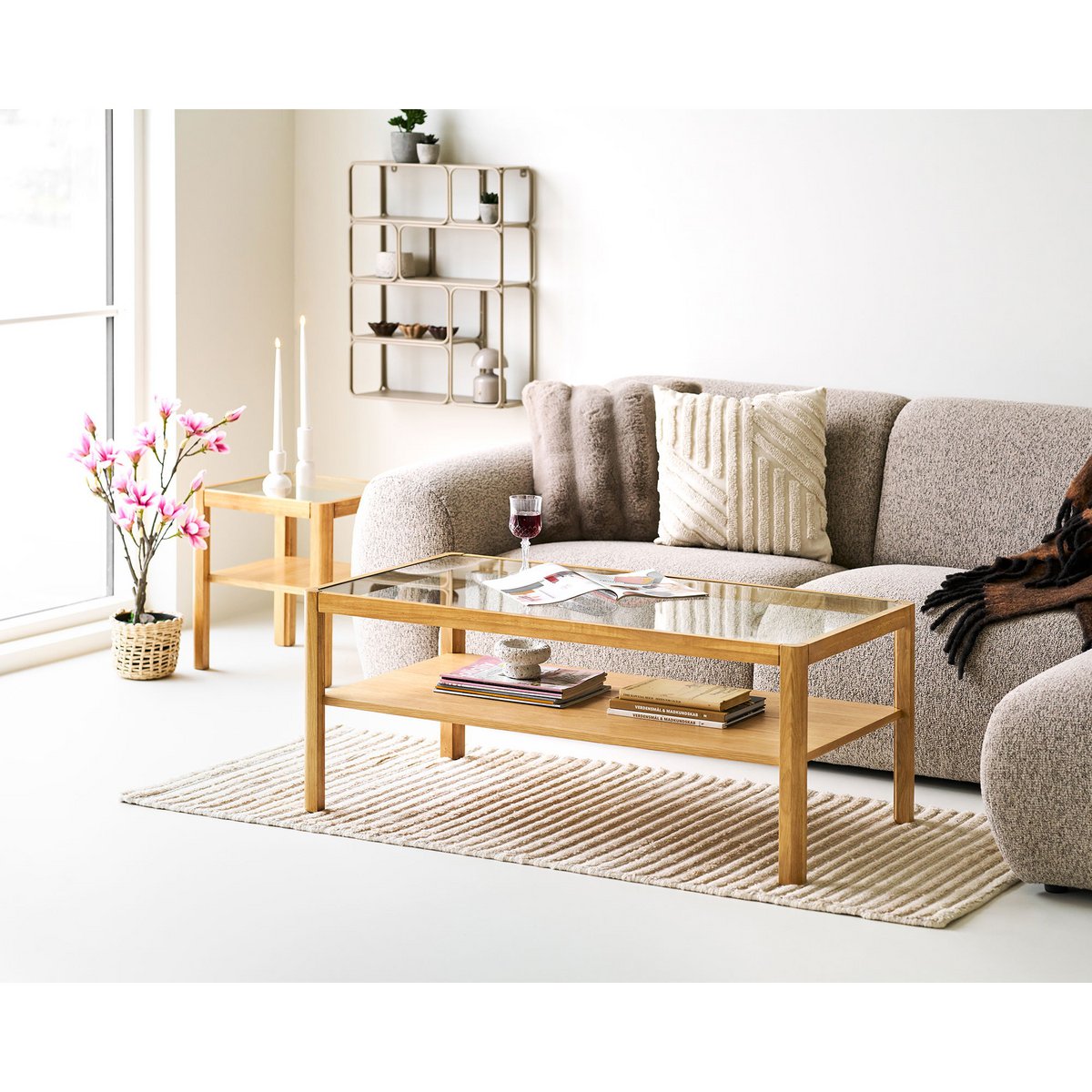 Lourmarin Salontafel, eiken/eikenfineer/gehard glas, naturel, 110x60x45 cm