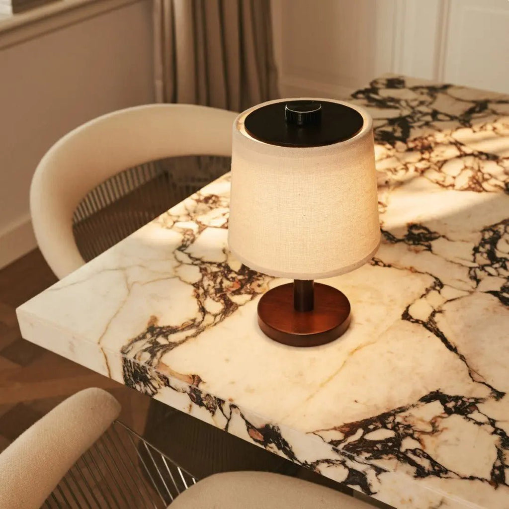 Rover Donkerbruine Houten Oplaadbare Lamp | Snoerloos, dimbaar en linnenmix
