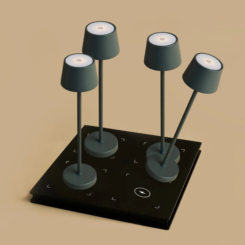Combi Set Professional | 4 x Vondel Mini Stone Grey Rechargeable Table Lamps & 1 x Amstel Charging Station
