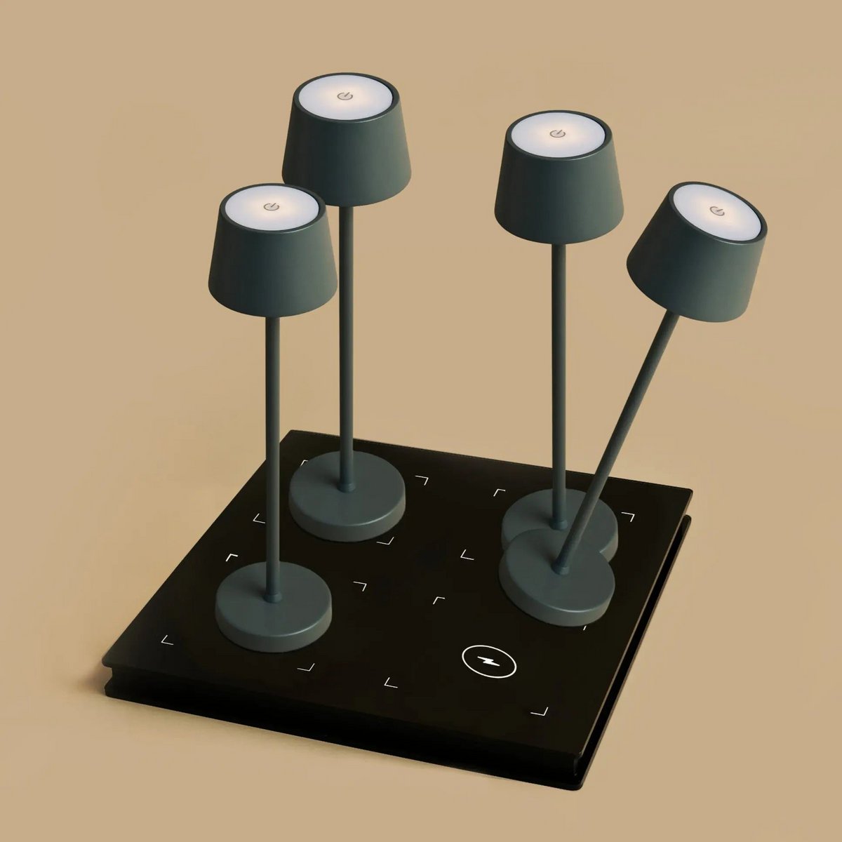 Combi Set Professional | 4 x Vondel Mini Stone Grey Rechargeable Table Lamps & 1 x Amstel Charging Station