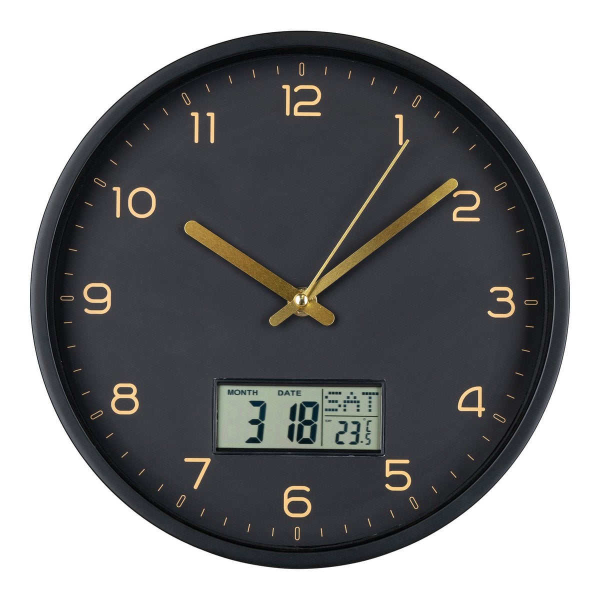 Amiens Wandklok - Zwart, Kunststof, Glas, LCD, Ø25cm