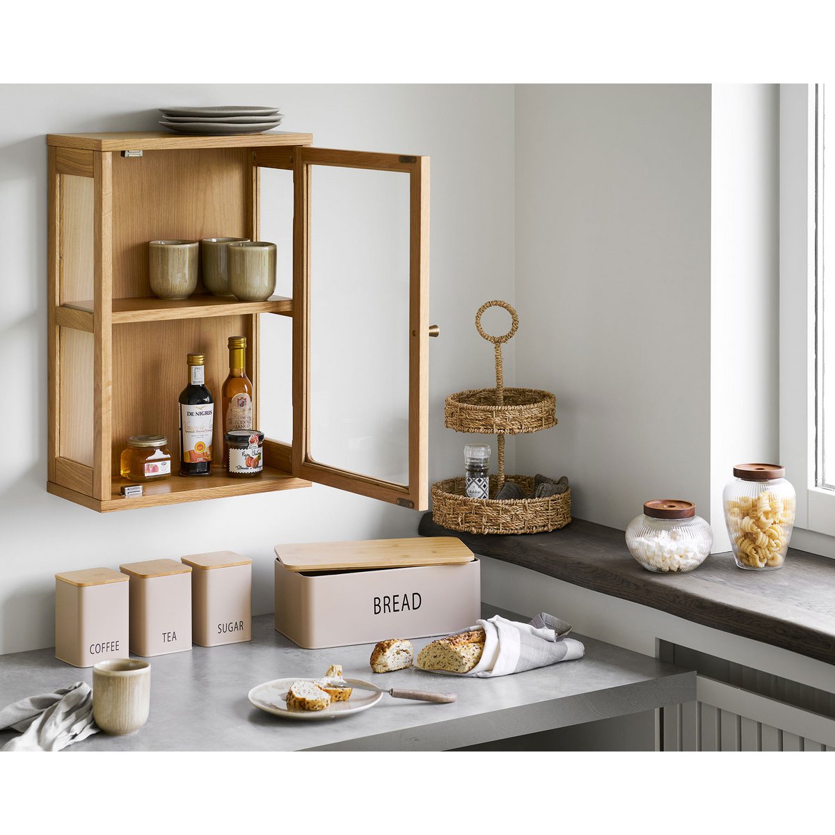 Maya Voorraadpot in glas, glas/acacia, set van 2