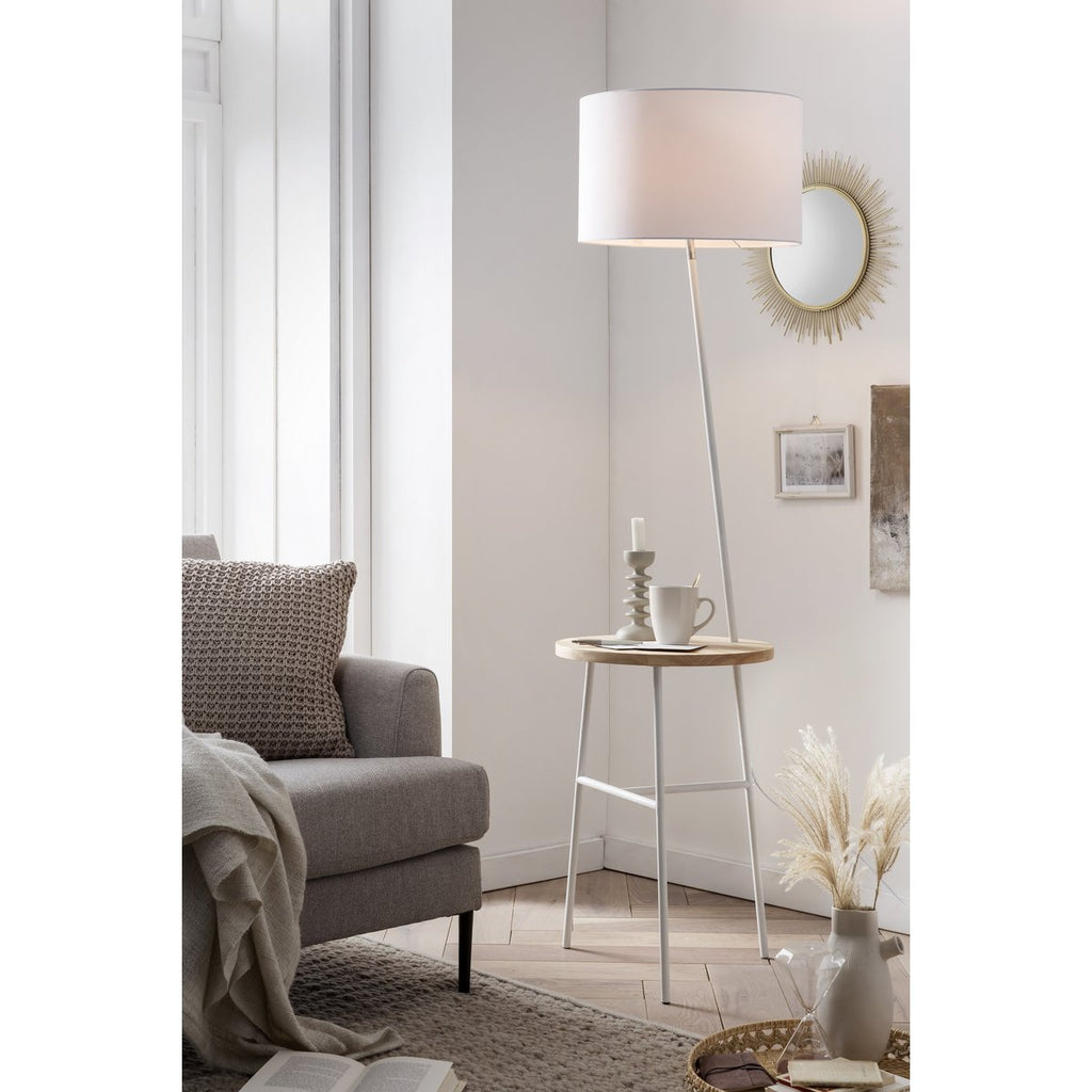 Vloerlamp met houten dienblad