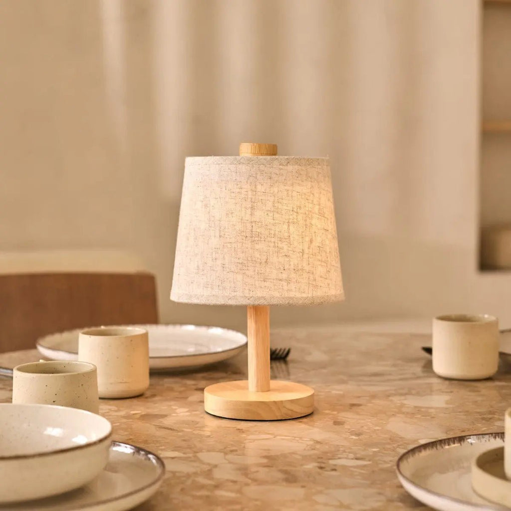 Rover Lichtbruine Houten Oplaadbare Lamp | Snoerloos, dimbaar en linnenmix
