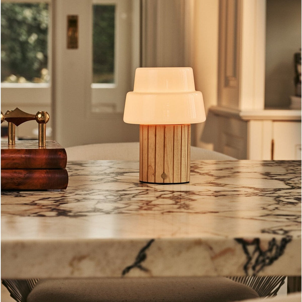 Lio Light Brown Rechargeable Table Lamp | Cordless, 3 Light Modes & Glass Lampshade
