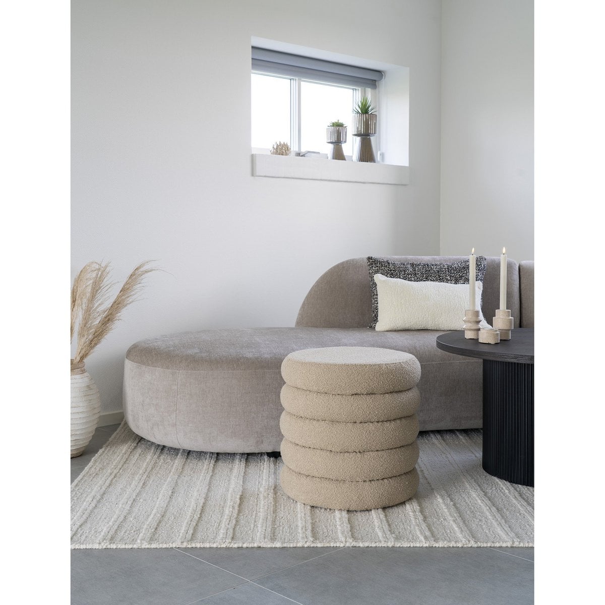 Brooklyn Poef - MDF, Grenenhout, Schuim, Polyester, Beige - Ø44x44 cm