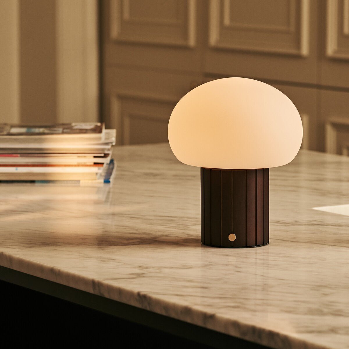 Pieter Dark Brown Rechargeable Table Lamp | Cordless, 3 Light Modes & Glass Lampshade
