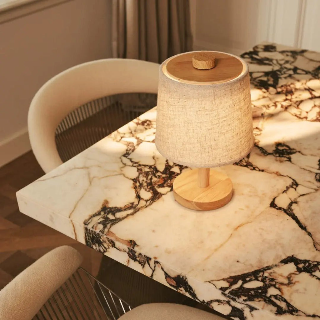 Rover Lichtbruine Houten Oplaadbare Lamp | Snoerloos, dimbaar en linnenmix