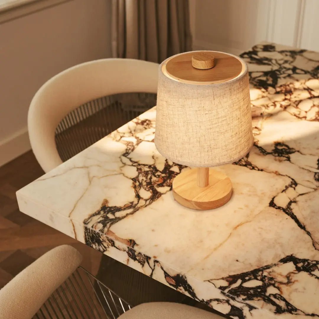 Rover Lichtbruine Houten Oplaadbare Lamp | Snoerloos, dimbaar en linnenmix