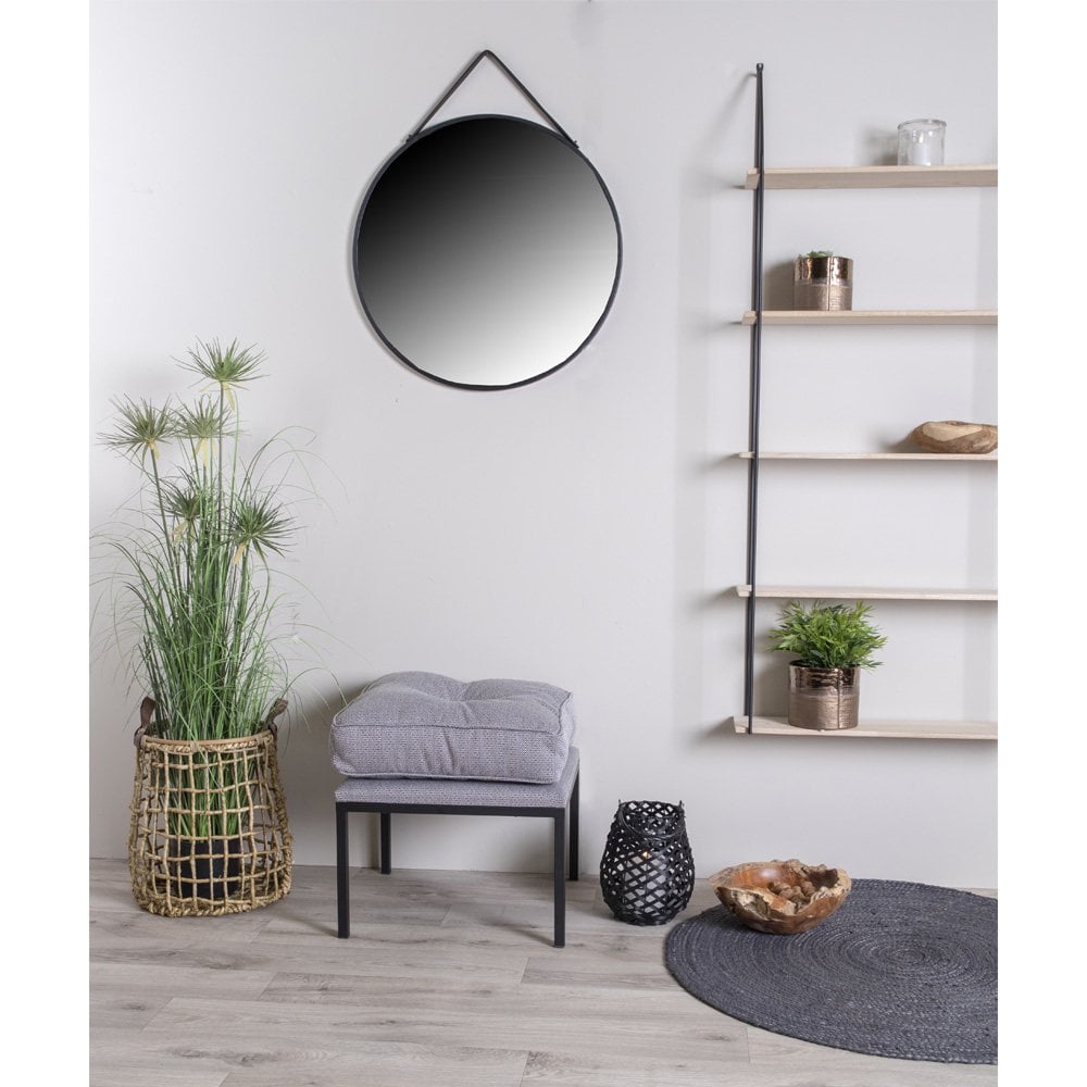 Trapani Spiegel - Zwart, Staal, Kunstleer, Ø38cm